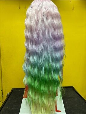 Pastel Rainbow Ombre Wavy Women’s Hairpiece Green & Lilac Pre-cut Synthetic Wig